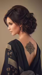 a woman with an intricate shoulder tattoo