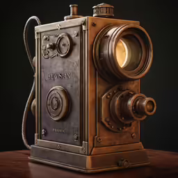a very old fashioned camera with an old light shining