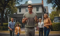 a man in sunglasses is leading a group of people