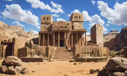 an adobe style building stands in the desert with huge boulders