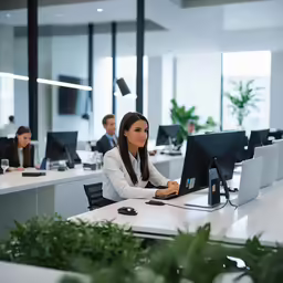 two women are working at computers in an open concept office