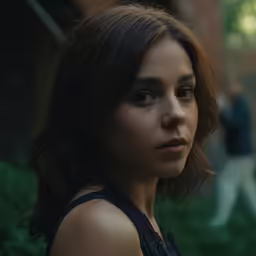 a young woman with shoulder length hair and dark dress stares away while people are walking around in the background
