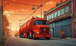a red tanker truck traveling down a street next to buildings,a red and yellow truck drives down the street