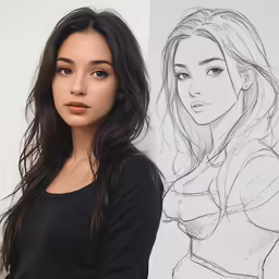 a young girl standing next to a drawing of herself