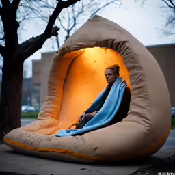 a woman sits on a bean bag chair