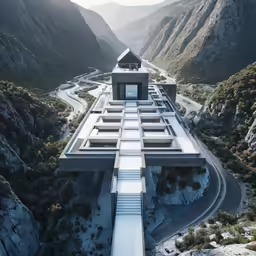 an unusual building sitting atop a mountain surrounded by mountains