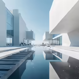 looking down the pool at the futuristic architecture