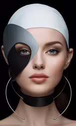 a young woman with a gray and black mask on her face