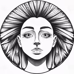 the face of a girl with a circular border on her forehead, drawn in black ink royalty