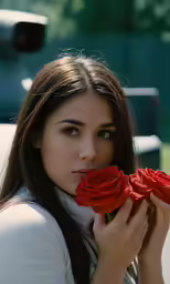 a woman holding up two red flowers, she is posing for a photo