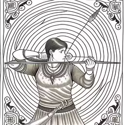a drawing of a woman in a dress holding a bow,a person with a sword in front of an intricate art work