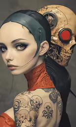 a young girl wearing an orange dress with her head tattooed, with skull and bones in the eyes