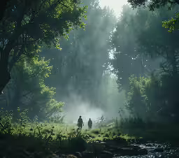 some people walk through the woods with trees