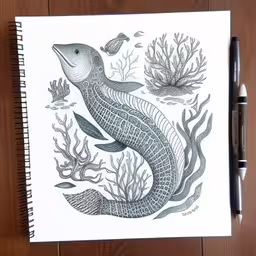 a drawing of a sea fish is shown on a page of paper,a book cover that features an image of a fish and corals