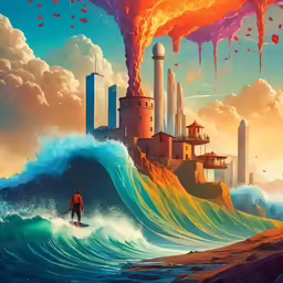 a surreal painting with the ocean and the sky and mountains
