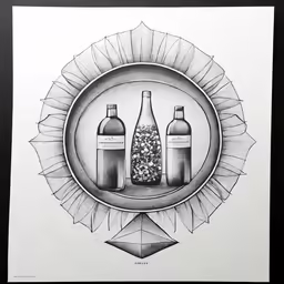 two bottles and a label in a black frame