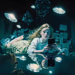 a person sitting in a dark room holding a cell phone