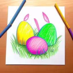 a drawing of three eggs in grass with colored crayons,colored eggs on paper laying next to crayons