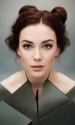 the woman in a top knot has a blue eyes