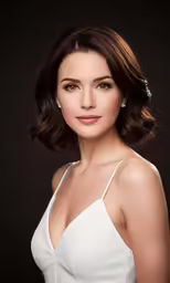 a woman with a white dress and a black background