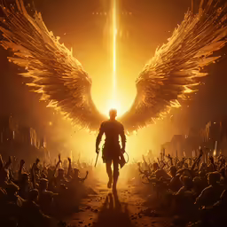 a man is walking down a dark path with big wings