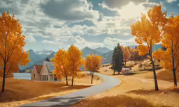 a painting of a house sitting next to a road