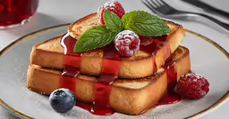 the dessert is made up of two pieces of french toast and blueberries