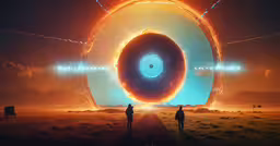 two people are standing in front of a computer screen with multiple rays,two people standing in front of a big, circular object