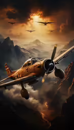 an airplane with the sun setting behind some mountains