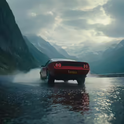 a sports car with its hood on driving in the water