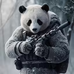 a panda bear holding a machine gun in the snow