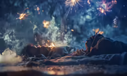 a person laying down and watching fireworks explode