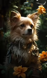 a cute little dog with flowers in the background