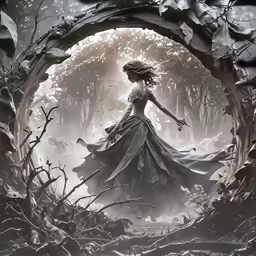 a woman standing on a forest path with a dog and a bird