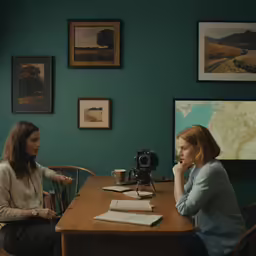 two women sitting at a table with a camera and book