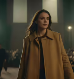 a woman in a coat standing at an event