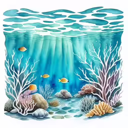 an underwater scene that is blue and has underwater corals, shells, and seaweed,an underwater scene painted in watercolor and drawn by watercolor,a drawing of an underwater scene with corals,an underwater scene with coral and fish under water,this is an art work that depicts underwater life