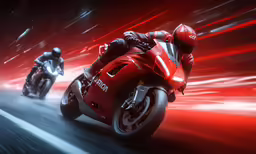 two motorbike riders are racing in red and black colors