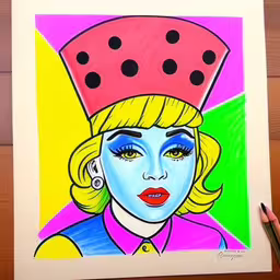 a colorful drawing of a lady with a diced head on,this is an image of a drawing of a woman,a painting of a woman wearing a watermelon hat with a black dot on her head,the drawing shows a picture of a lady with a hat on her head,a drawing of the image has been made using colored pencils