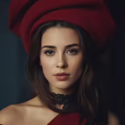 a woman in a red dress and hat poses for a portrait