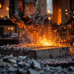 close up of a hand in a welding machine casting orange metal