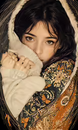 a close - up photo of a young woman, with a fur coat on and holding an unmade object