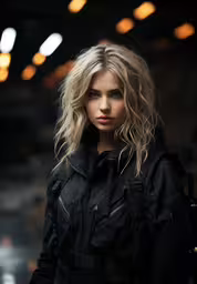 a blonde haired woman with an extreme coat is posing,a woman with blond hair and black coat