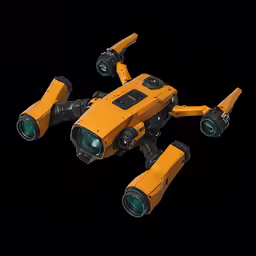 a small robot flying through the air in a black background