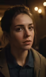 an attractive woman is looking forward at the camera