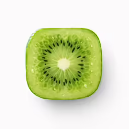 a piece of kiwi is displayed with drops of water