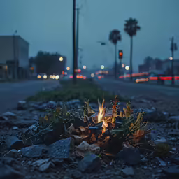 a campfire on the side of a city street at night