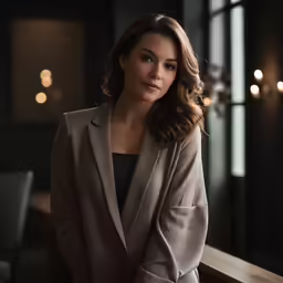 a woman in a tan blazer sitting by a window