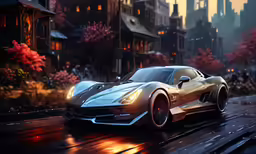 a silver sports car sits in a rainy street