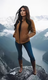 a beautiful young woman standing on top of a rock
